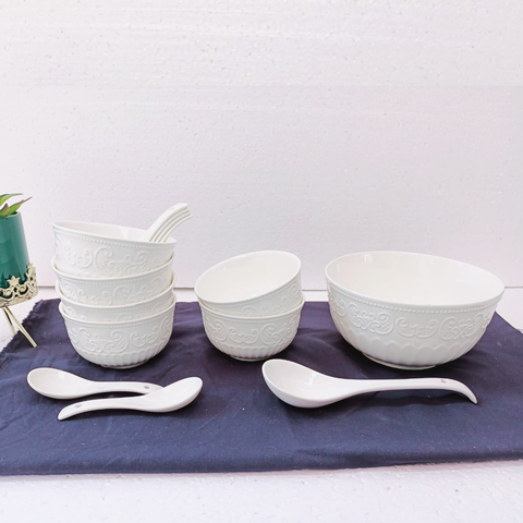 14Pcs Embossed Floral Ceramic Soup Bowls with Spoons