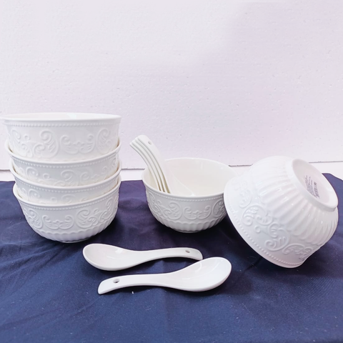 14Pcs Embossed Floral Ceramic Soup Bowls with Spoons