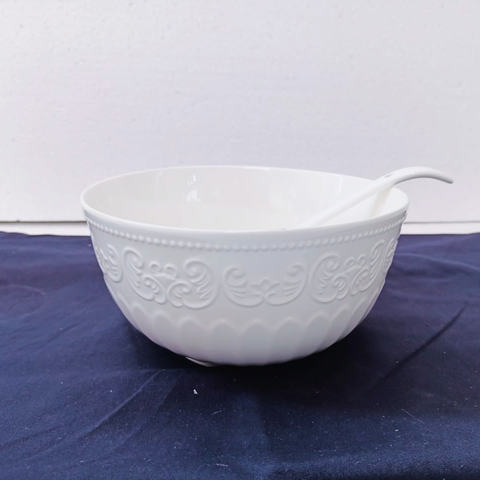 14Pcs Embossed Floral Ceramic Soup Bowls with Spoons