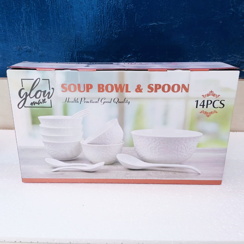 14Pcs Embossed Floral Ceramic Soup Bowls with Spoons