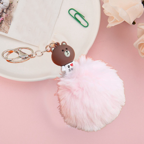 Fluffy Ball hanging Keychain- Brown Bear Character