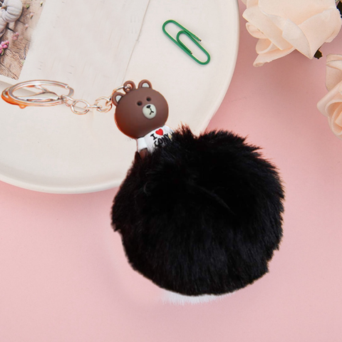 Fluffy Ball hanging Keychain- Brown Bear Character