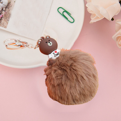 Fluffy Ball hanging Keychain- Brown Bear Character