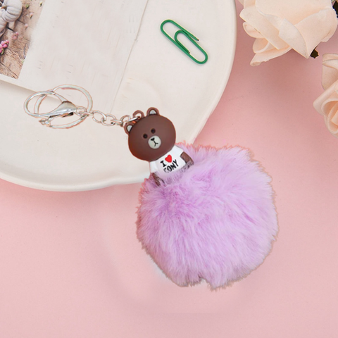 Fluffy Ball hanging Keychain- Brown Bear Character