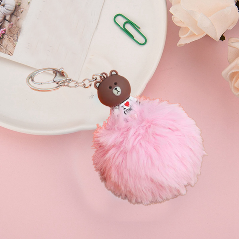 Fluffy Ball hanging Keychain- Brown Bear Character