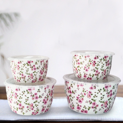 4Pcs Flowery Ceramic Sealed Bowls