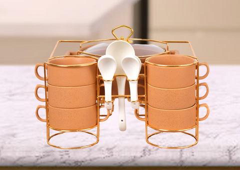 15Pcs Elegant Brown Ceramic Soup Set