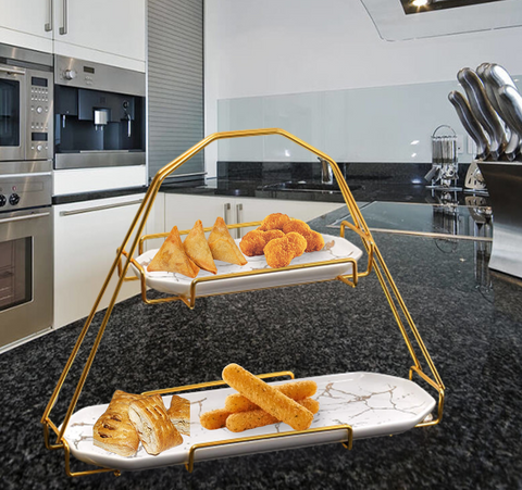 Serving Tray- 2 Tier White Marble Pattern Dessert