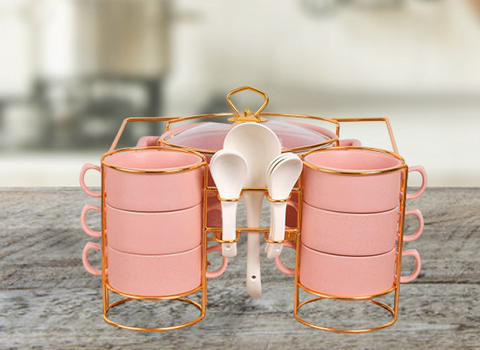 15Pcs Elegant Pink Ceramic Soup Set