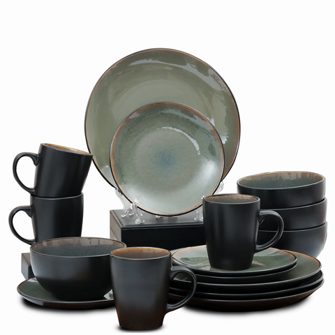 16Pcs Reactive Glaze Green & Matte Black Breakfast Serving Set