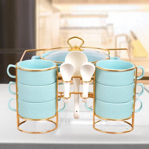 15Pcs Elegant Sky Blue Ceramic Soup Set