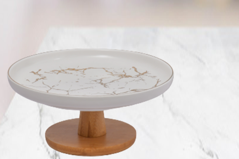 Wooden Stand Marblene Pattern Ceramic Dessert Tray- White