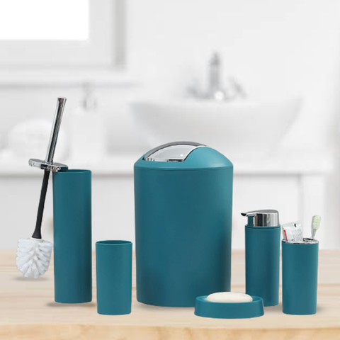 7Pcs Blooming Teal Premium Plastic Bath Set With Bin N Brush