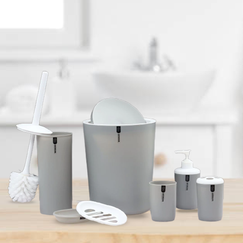 7Pcs Coral Grey Premium Plastic Bath Set With Bin N Brush