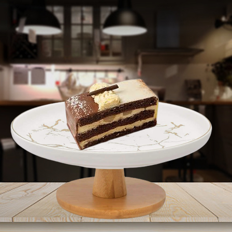 Wooden Stand Marblene Pattern Ceramic Dessert Tray- White