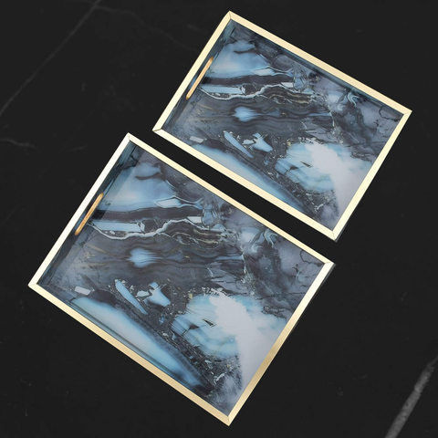 Serving Tray Blue Marble Pattern Wooden- (Pair)