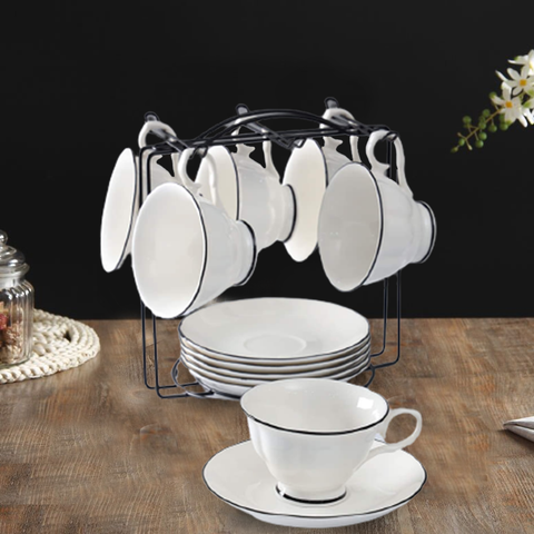 13Pcs Raven Black Border Porcelain Cup Set