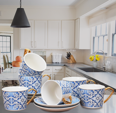 12Pcs Blue Floral Ceramic Cup Set