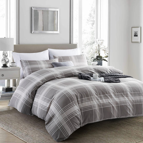 Gray Check Pattern Cotton Satin Duvet Cover Set