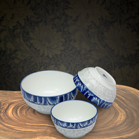 3Pcs Blue Ceramic Serving Bowls
