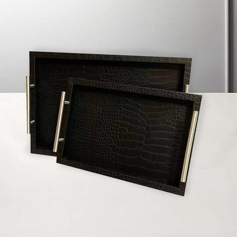 Pair of Leather Black Serving Tray With Silver Handles