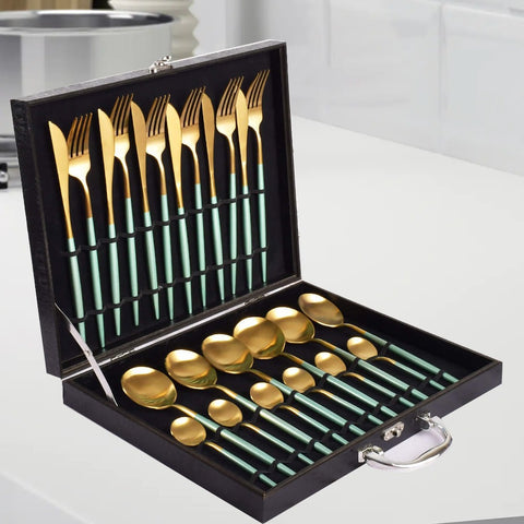 24Pcs Luxury Gold And Light Green Cutlery Set