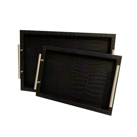 Pair of Leather Black Serving Tray With Silver Handles