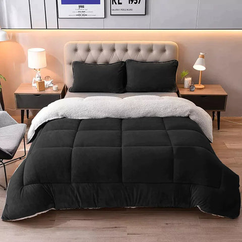 Black Quilted Fleece Sherpa Comforter