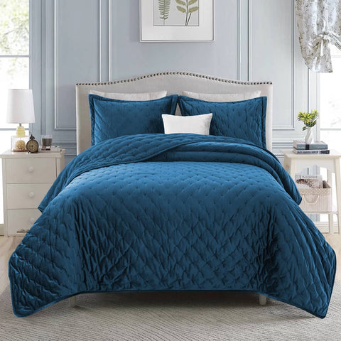 Crushed Velvet Navy Blue Bedspread Set
