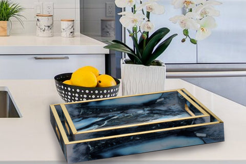 Serving Tray Blue Marble Pattern Wooden- (Pair)