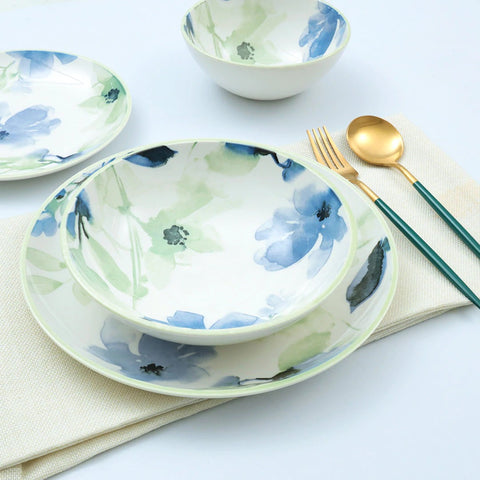 24Pcs Mint and Blue Glaze Floral Ceramic Dinner Set