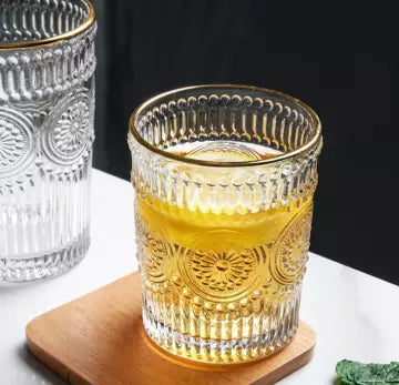 6Pcs Gold Rimmed Embossed Floral Glass Set
