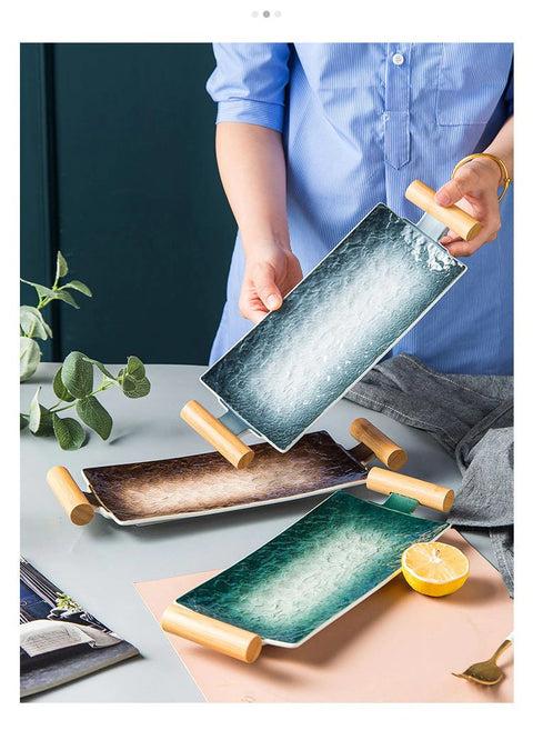 Aqua Long With Wooden Handle Rectangular Ceramic Tray