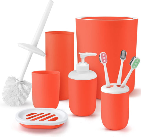 7Pcs Coral Premium Plastic Bathroom Accessories Set with Bin N Brush