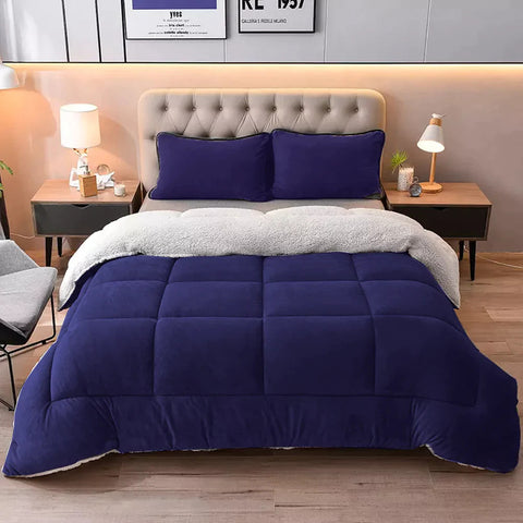 Navy Blue Quilted Fleece Sherpa Comforter