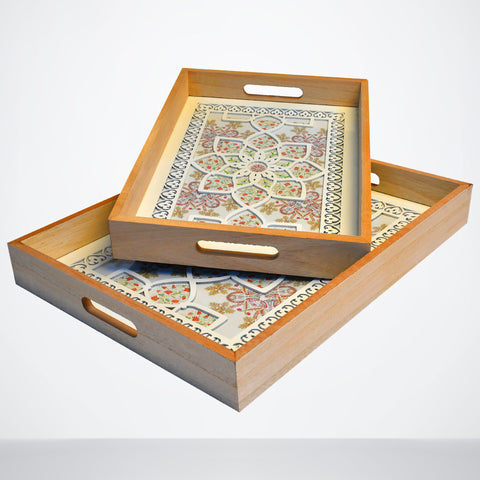 Serving Tray Pair of Architecture Style Rectangular Wooden