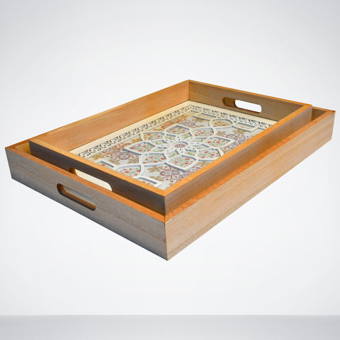 Serving Tray Pair of Architecture Style Rectangular Wooden