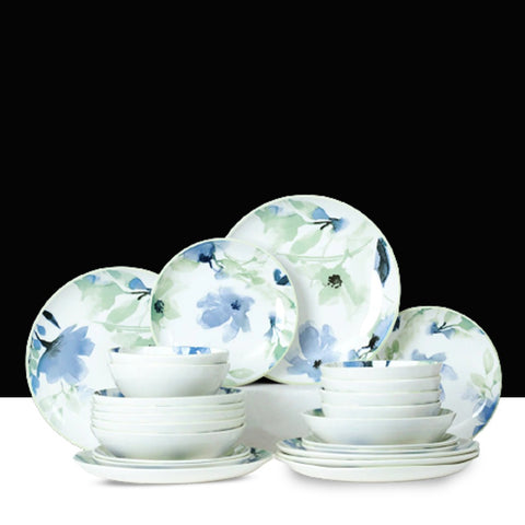 24Pcs Mint and Blue Glaze Floral Ceramic Dinner Set