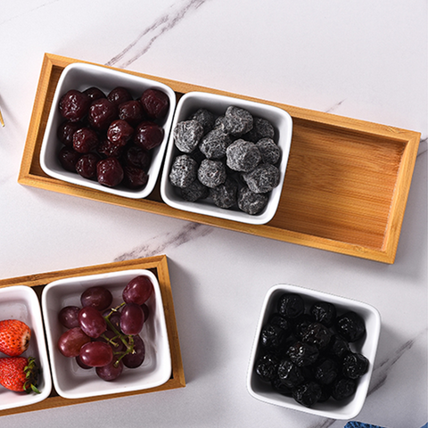 3Pcs Square Ceramic Grid With Wooden Tray