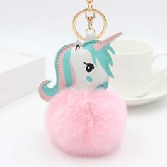 Fluffy Ball hanging Keychain-  Unicorn Character