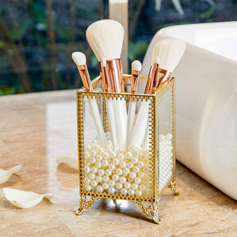 Gold Plated Square Glass Brush Holder