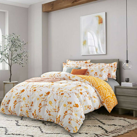Ocher Flower Front Cotton Satin Duvet Cover Set